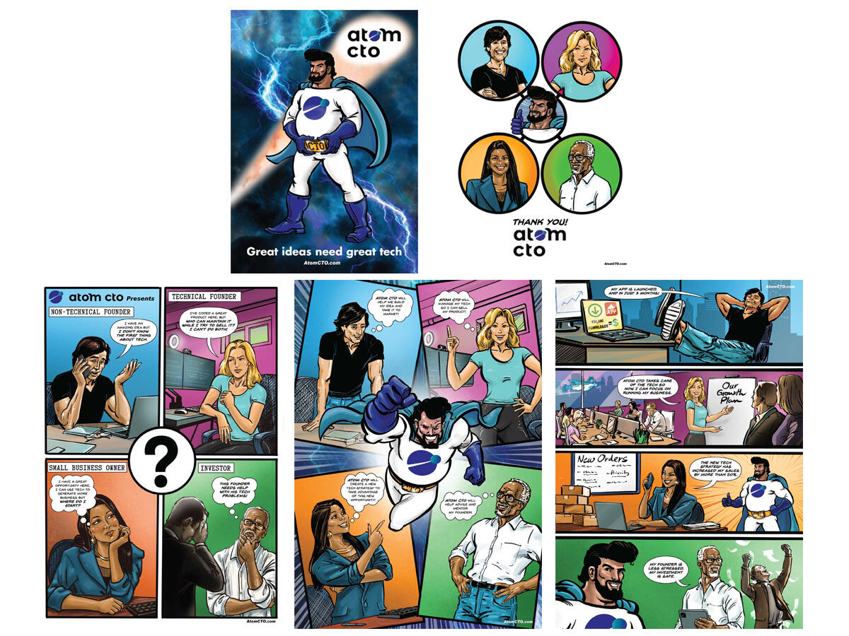 AtomCTO: Demystifying Fractional Tech Leadership Designing a custom corporate mascot and step-by-step visual narrative to bridge the communication gap between non-technical startup founders and enterprise CTOs.